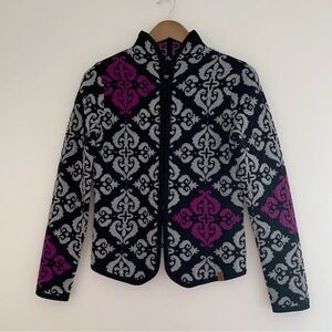 Neve Purple Scroll Pattern Merino Wool Cardigan Sweater XS Apres Ski